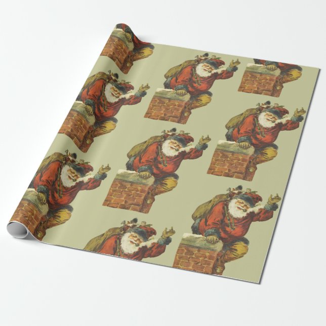 Vintage Santa Going Down Chimney Wrapping Paper (Unrolled)