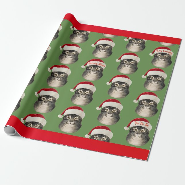 Vintage Santa Hat Cat Art Wrapping Paper (Unrolled)