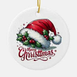 Vintage Santa Hat Merry Christmas Ceramic Tree Orn Decoration