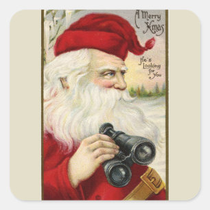 Vintage Santa Holding Binoculars Square Sticker