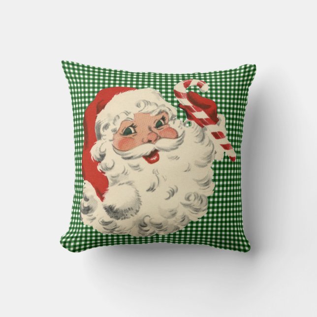 vintage santa holding candy cane throw pillow (Front)