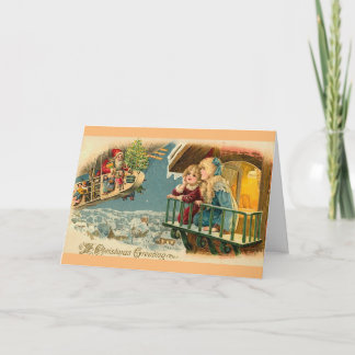 Vintage Santa In Aeroplane Air Balloon Holiday Card