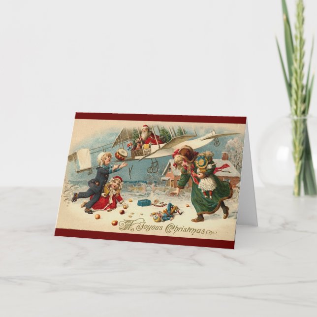 Vintage Santa in Aeroplane Holiday Card (Front)