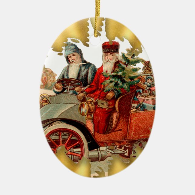Vintage Santa In Antique Car Christmas Ornament (Front)