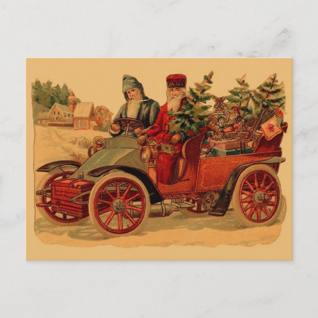 Vintage Santa in automobile Holiday Postcard (Front)