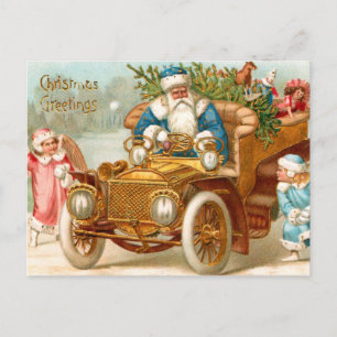 Vintage Santa in Gold Car and Christmas Angels  Holiday Postcard