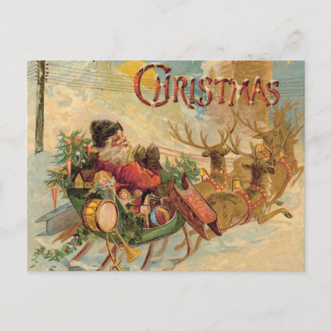 Vintage Santa in his reindeer sleigh Holiday Postcard (Front)