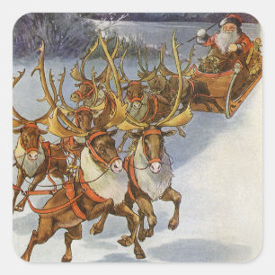 Vintage Santa in his Sled with Reindeer Square Sticker