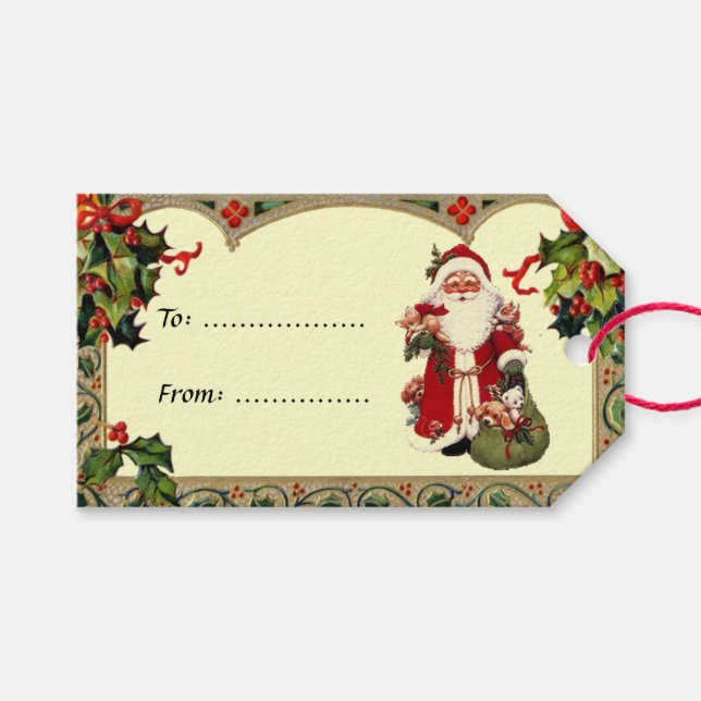 Vintage Santa in Holly Frame Gift Tag (Front (Horizontal))