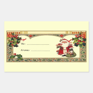 Vintage Santa in Holly Frame Gift Tag Sticker