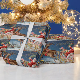 Vintage Santa in Sleigh Flying over Village  Wrapping Paper