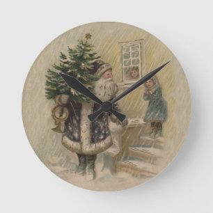 Vintage Santa in Snow Round Clock