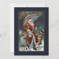 Vintage Santa in Snow with Children & Umbrella