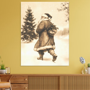 Vintage Santa in Snowy Forest Scene Canvas Print