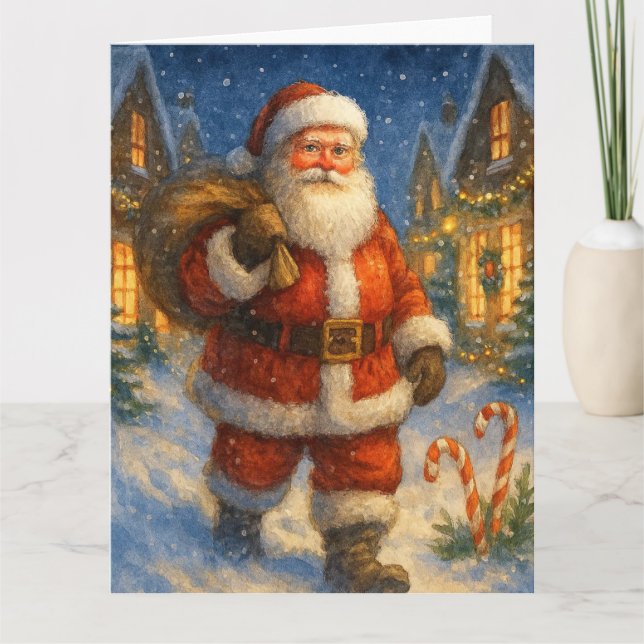 Vintage Santa in Snowy Village Card (Front)