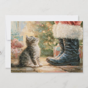 Vintage Santa Kitten Tree Christmas  Holiday Card