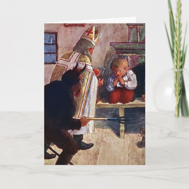 Vintage Santa, Krampus and Child Christmas Card (Front)