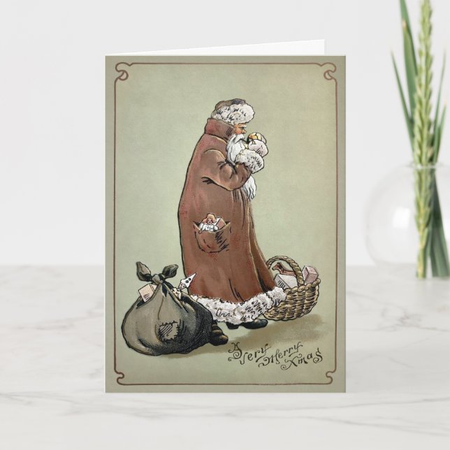 Vintage Santa Lighting a Smoke Holiday Card (Front)