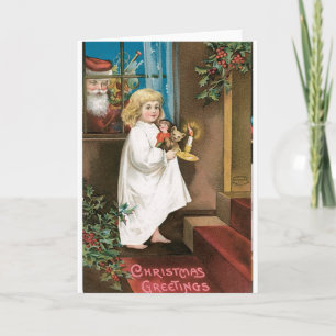 Vintage Santa looking in window at girl Holiday Card