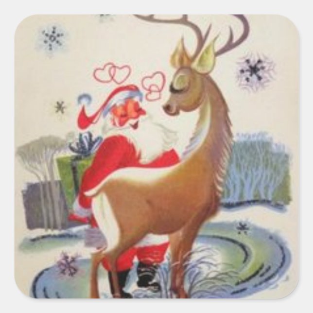Vintage Santa Loves His Reindeer Square Sticker (Front)