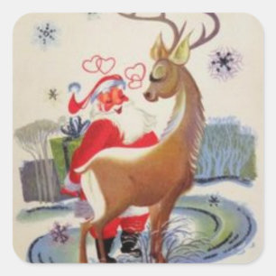 Vintage Santa Loves His Reindeer Square Sticker