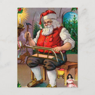 Vintage Santa Making Toys Holiday Postcard