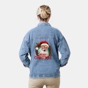Vintage Santa Merry Christmas Illustration Denim Jacket