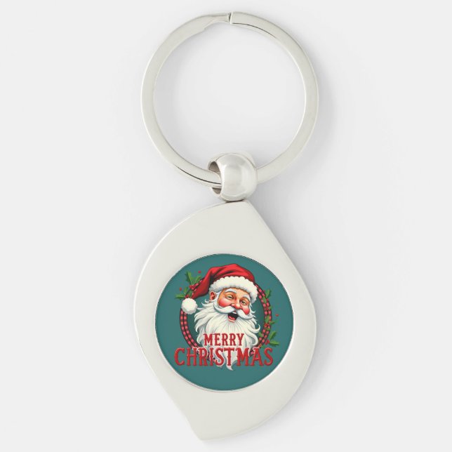 Vintage Santa Merry Christmas Illustration Key Ring (Front)