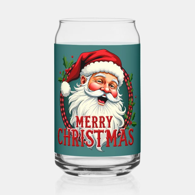 Vintage Santa Merry Christmas Illustration Patten Can Glass (Front)