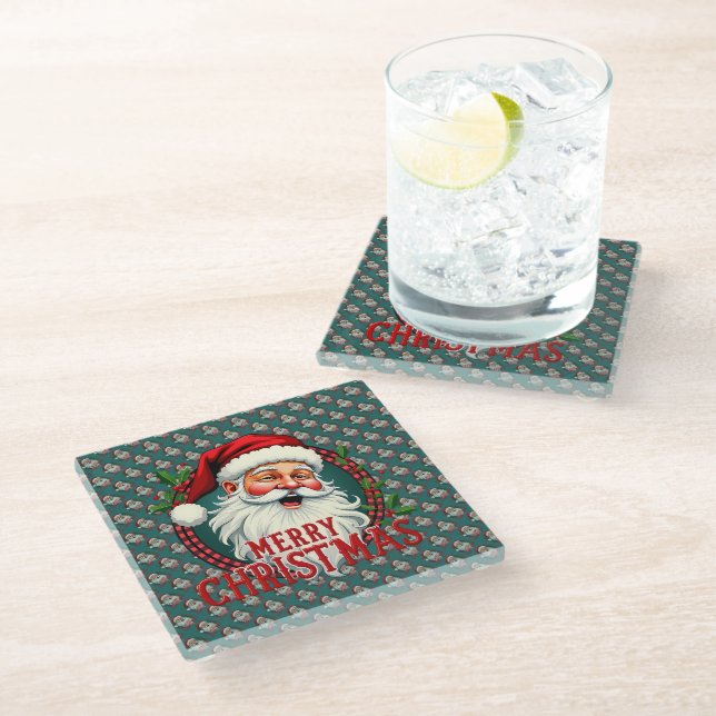 Vintage Santa Merry Christmas Illustration Patten Glass Coaster (Angled)