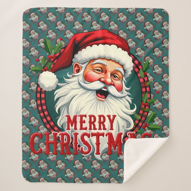 Vintage Santa Merry Christmas Illustration Patten Sherpa Blanket (Front)