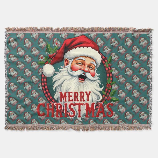 Vintage Santa Merry Christmas Illustration Patten Throw Blanket (Front)