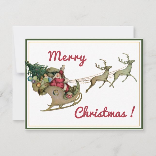 Vintage Santa Merry Christmas Sleigh Reindeer Holiday Card (Front)