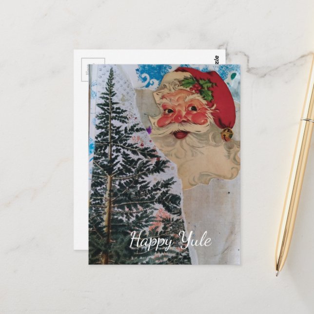 Vintage Santa Mixed  Collage Happy Yule Postcard (Front/Back In Situ)