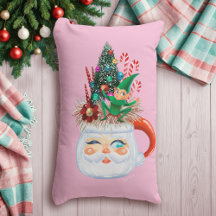 Vintage Santa Mug Pink (long) Throw Pillow
