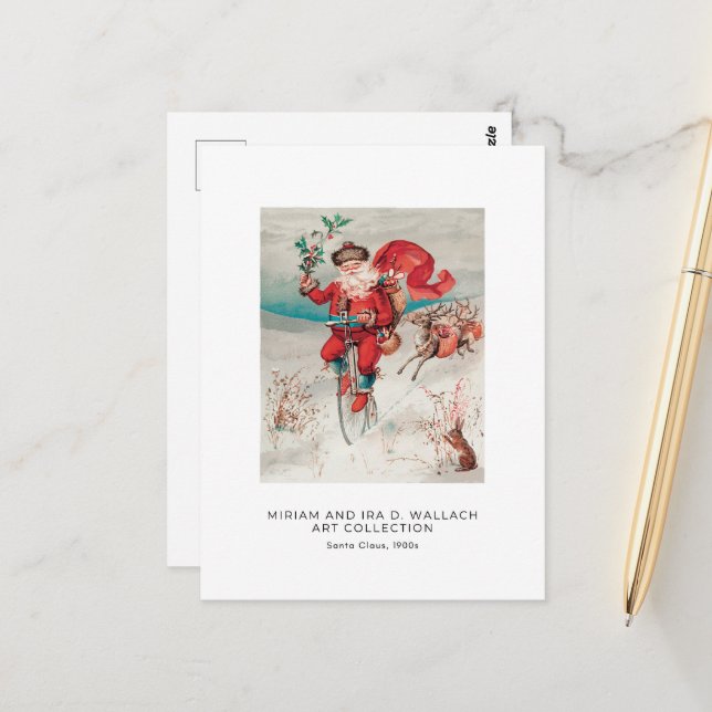 Vintage Santa On Bicycle Christmas Holiday Art  Postcard (Front/Back In Situ)