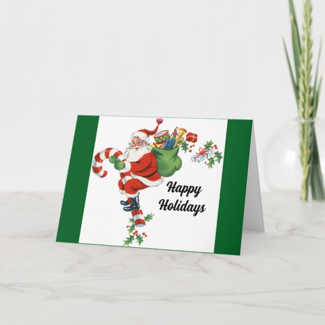 Vintage Santa On Candy Cane Holiday Card (Front)
