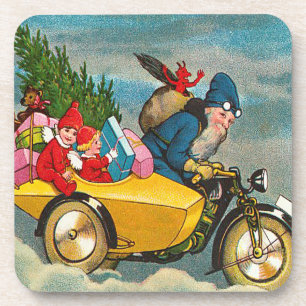 Vintage Santa on Motorcycle Set of Cork Coasters