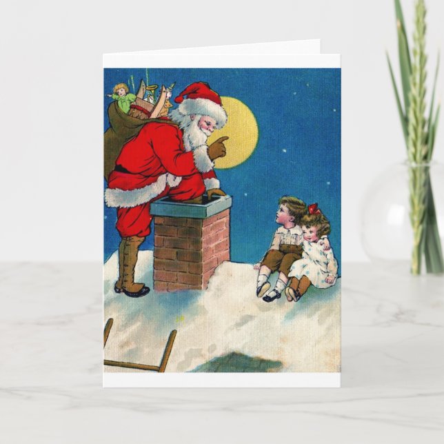 Vintage Santa on Rooftop with Children Card (Front)