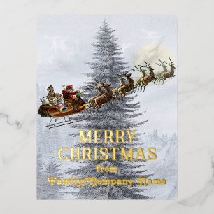 Vintage Santa on Sleigh with Reindeer Christmas Foil Holiday Postcard