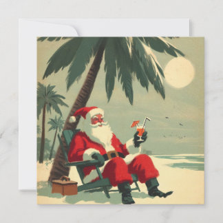Vintage Santa on Tropical Beach Holiday Retro Card
