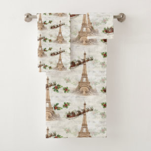 Vintage Santa over Paris Christmas Bath Towel Set