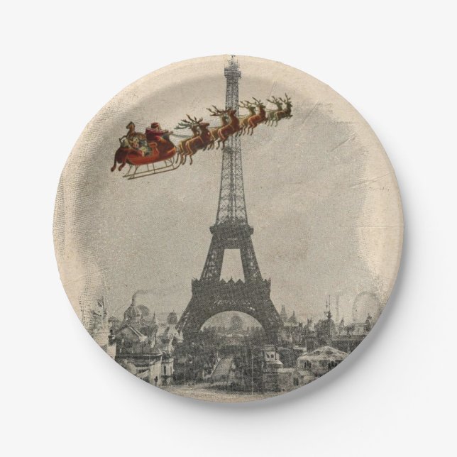 Vintage Santa over Paris Christmas Paper Plate (Front)