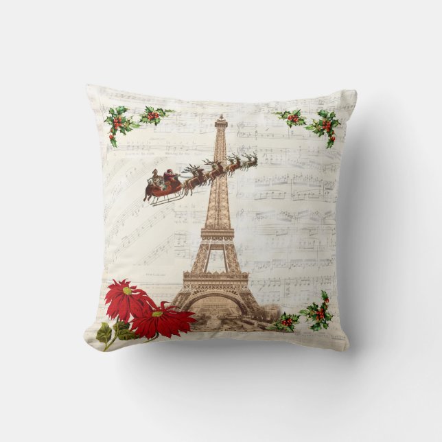 Vintage Santa over Paris Christmas Pillow (Front)