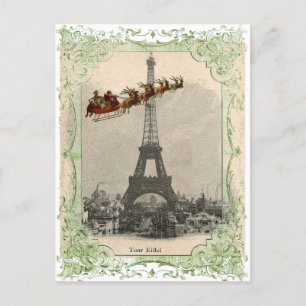 Vintage Santa over Paris Christmas Postcard