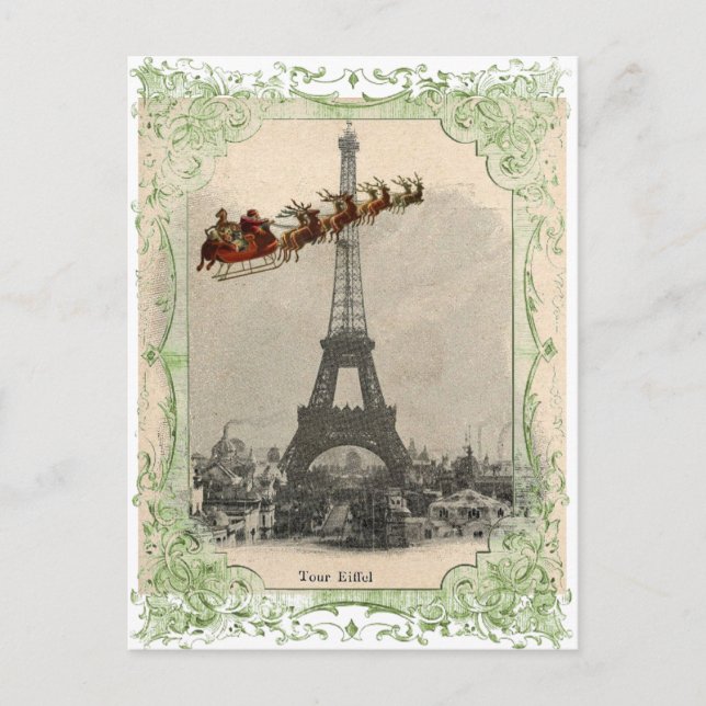 Vintage Santa over Paris Christmas Postcard (Front)