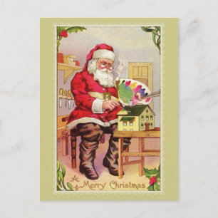 Vintage Santa painting toy house Postcard