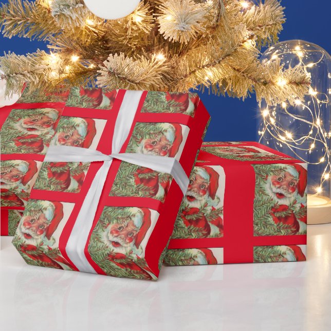 Vintage Santa peeking around a tree   Wrapping Paper (Holidays)