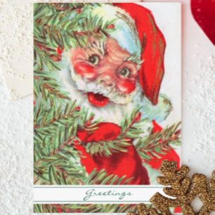 Vintage Santa Peeking From Christmas Tree Holiday Card