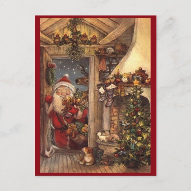 Vintage Santa Peeking In Holiday Postcard (Front)